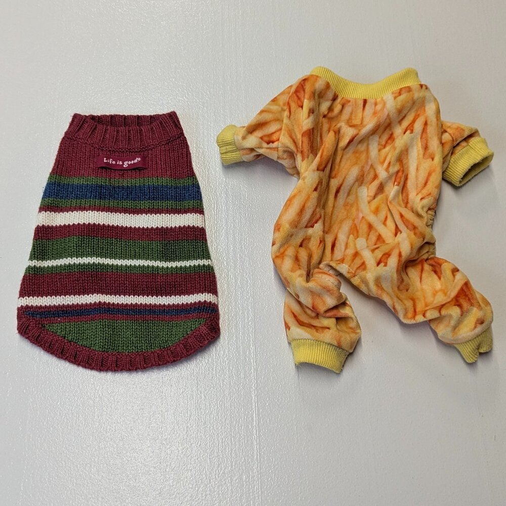 Two XS Dog/Cat Shirts Life is Good Striped Sweater and CuteBone French Fry Print
